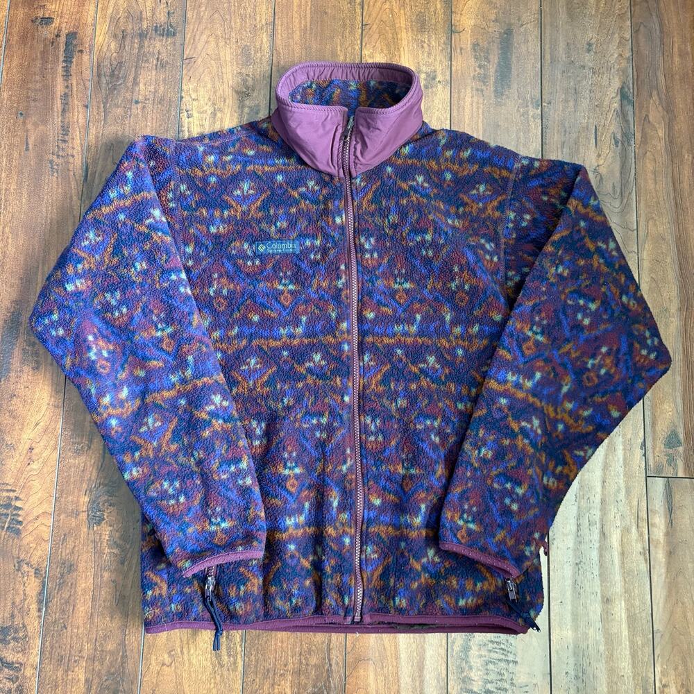 Columbia Vintage 90s Fleece Jacket Mens M Purple Aztec Full Zip Made in USA